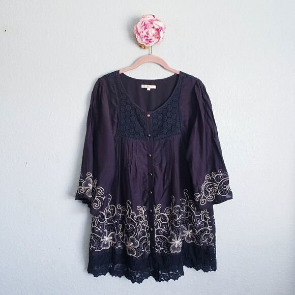 Rebecca Taylor Black Floral Eyelet 3/4 Sleeve Button Down Silk Blend Blouse - Picture 1 of 8